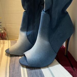 Blue Denim Peep-Toe Heeled Boots